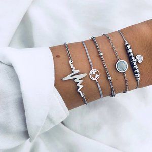 Boho Silver Heart Chain Beaded Charm Bracelet Set